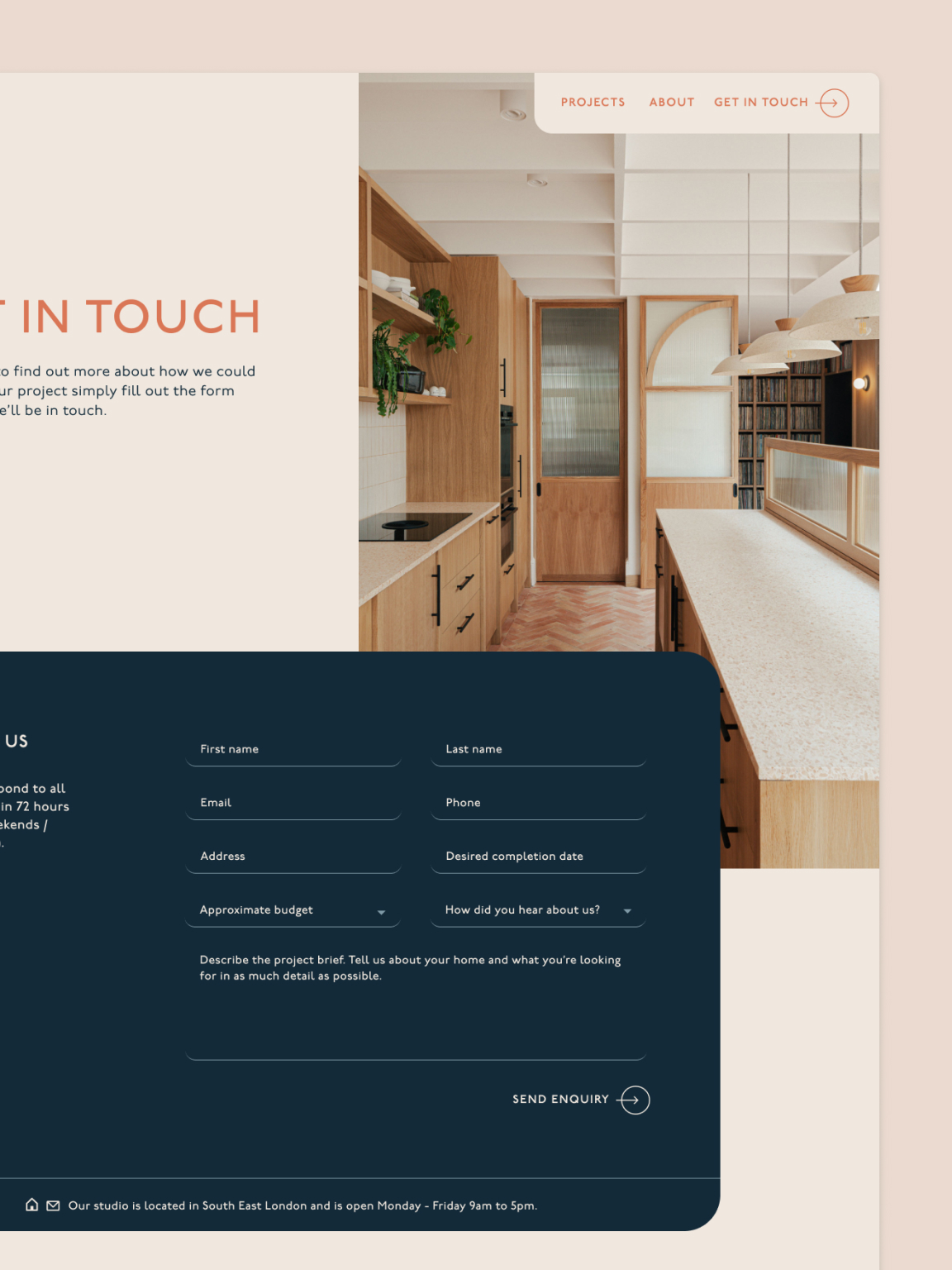 The custom-designed enquiry architecture for Benjamin Wilkes, featuring a visually cohesive contact page engineered to function as a silent studio manager and streamline the transition from observer to collaborator.