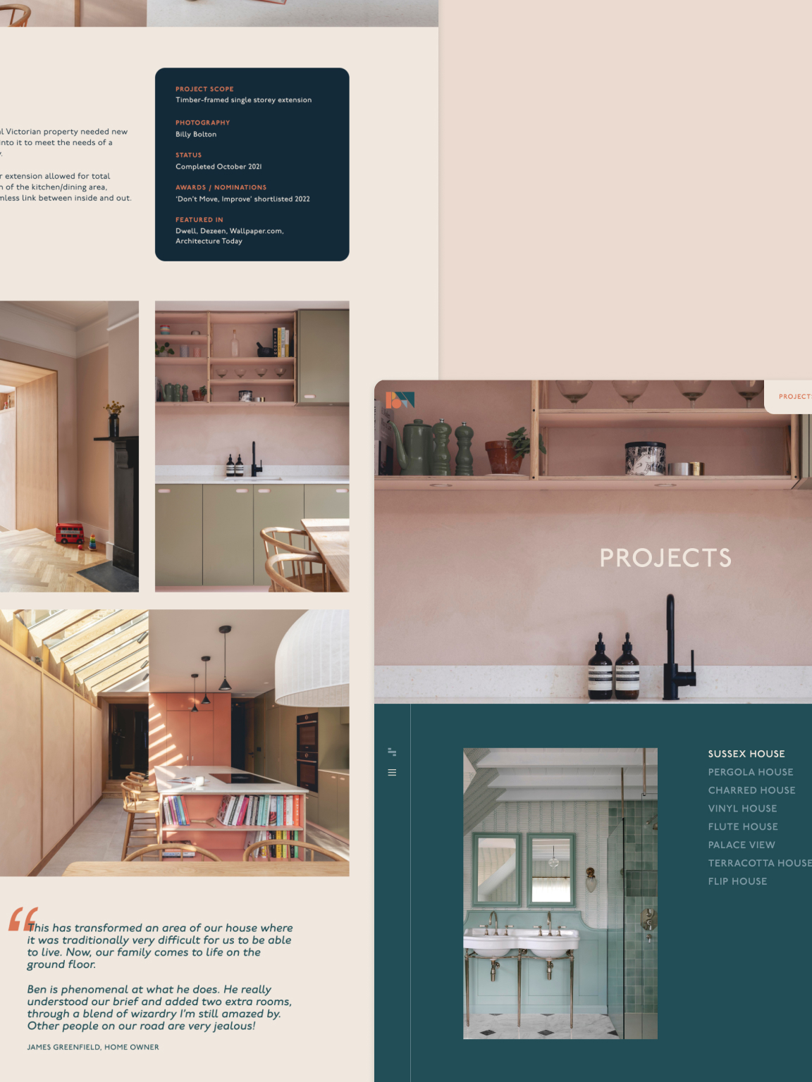 A screenshot of the Benjamin Wilkes project archive in its structured list view, alongside a comprehensive project case study. The design showcases a blend of architectural imagery, testimonials, and professional metadata (including awards and magazine features) to ground the studio’s expertise.