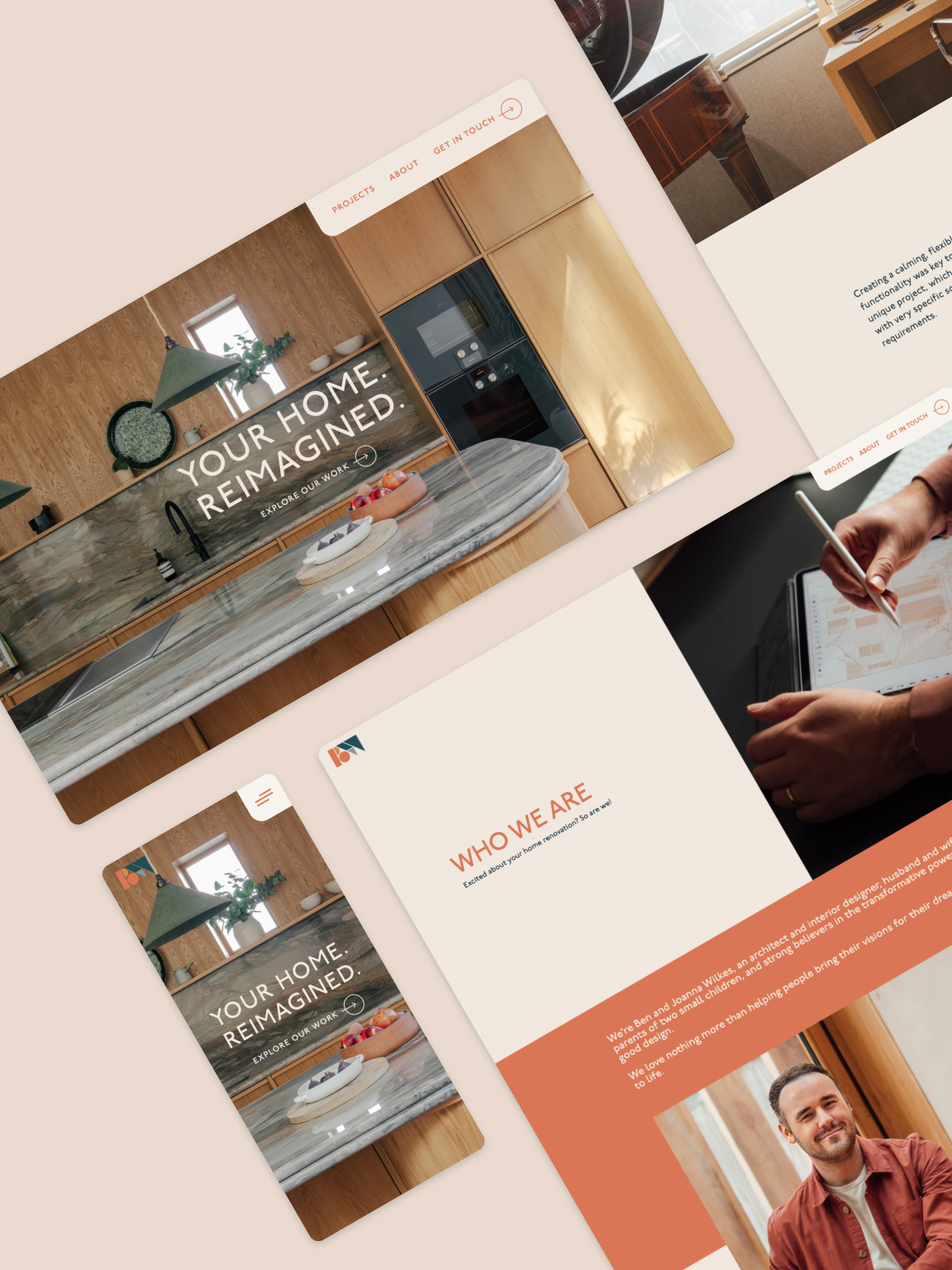 Desktop and mobile screenshots of the Benjamin Wilkes homepage and studio pages, showcasing a multidisciplinary design approach that blends architectural rigour with the tactile, lived-in warmth of interior design.