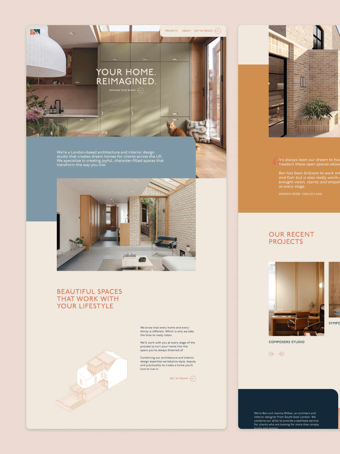 Screenshots of the Benjamin Wilkes homepage design, highlighting the vibrant interpretation of branding and warm colour palette used to anchor the studio’s identity within a contemporary digital space.