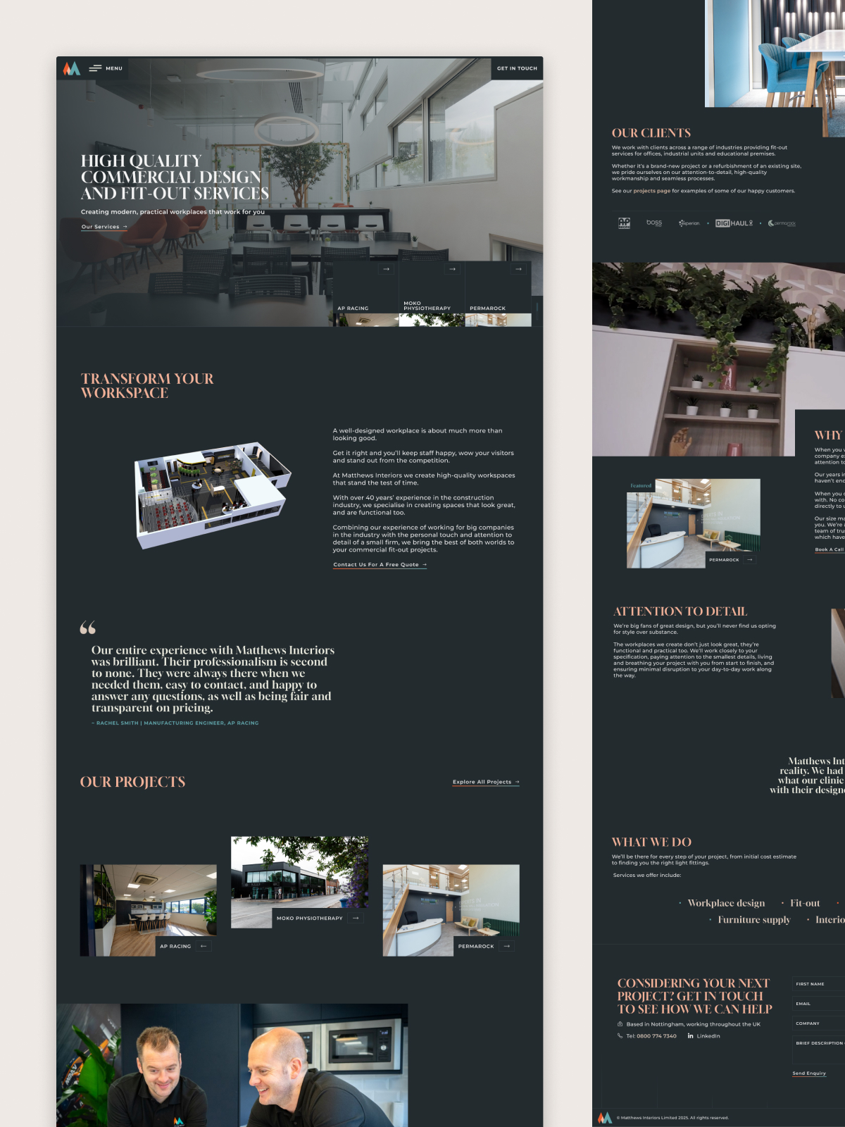 Full-length homepage design for Matthews Interiors by Good Launch, showcasing a dark, premium palette and refined serif typography. The layout features asymmetrical project grids, integrated social proof, and large-scale imagery that bridges the gap between commercial interior design and technical fit-out with quiet confidence.