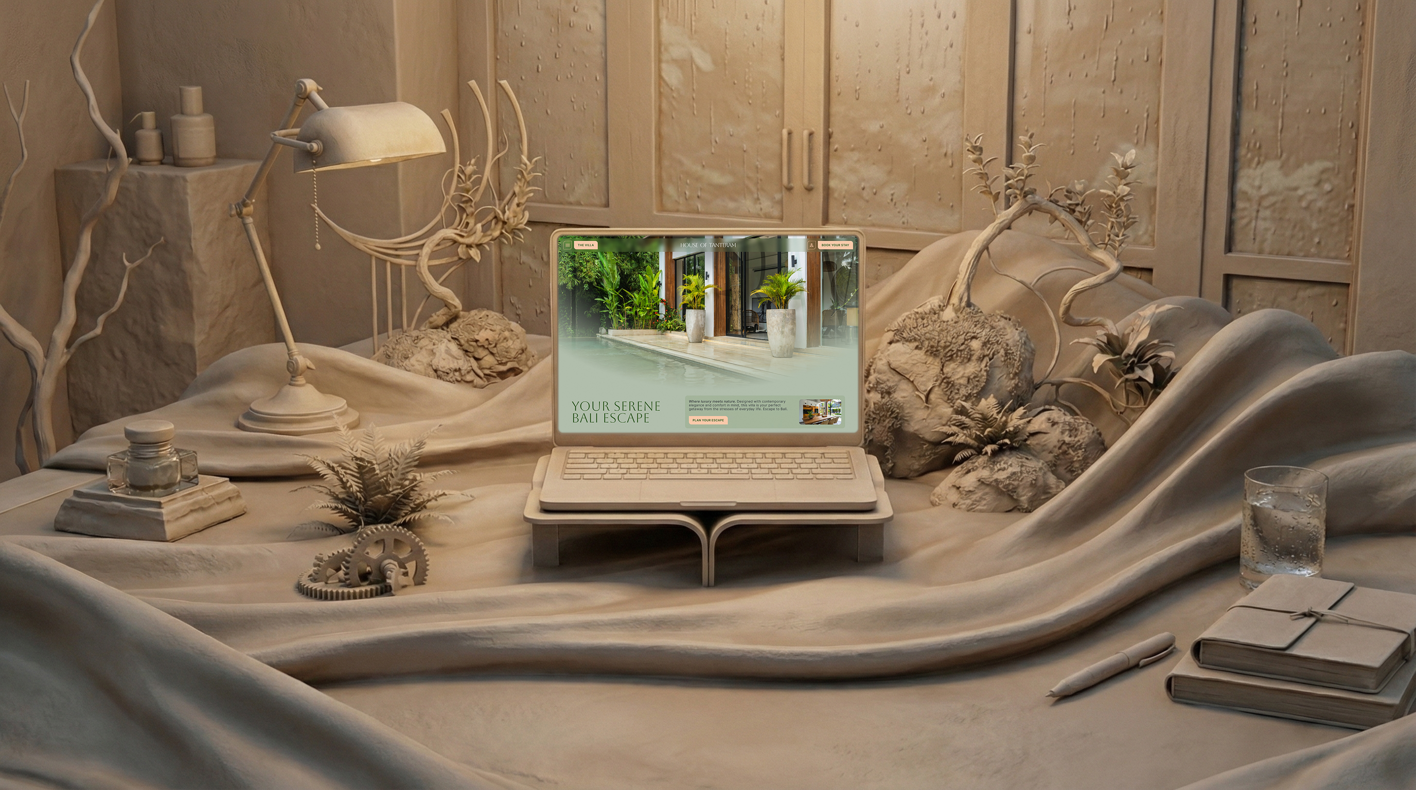 An artistic web design mockup of the House of Tanteram homepage hero section displayed on a laptop, set within a custom matte plaster bas-relief desk scene for the Good Launch studio portfolio.