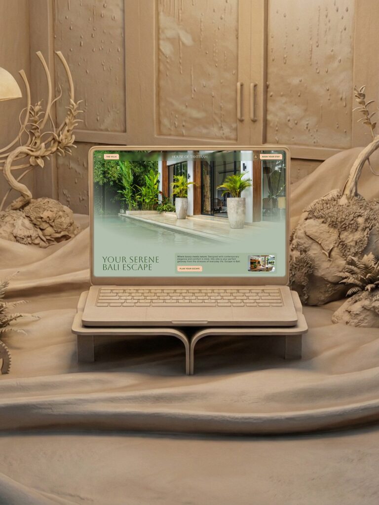 A 3:4 portrait ratio mockup of the House of Tanteram homepage, set in a tactile matte plaster bas-relief scene for work archive page.