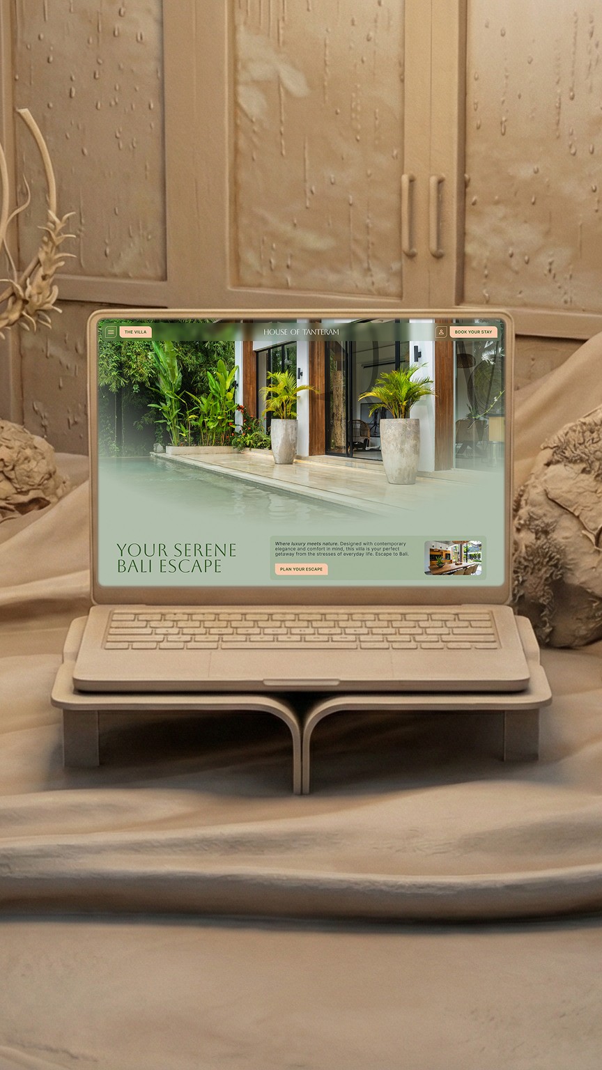 A vertical 9:16 mobile-first mockup showing the House of Tanteram luxury web design within a minimalist plaster bas-relief setting, optimized for social media stories.