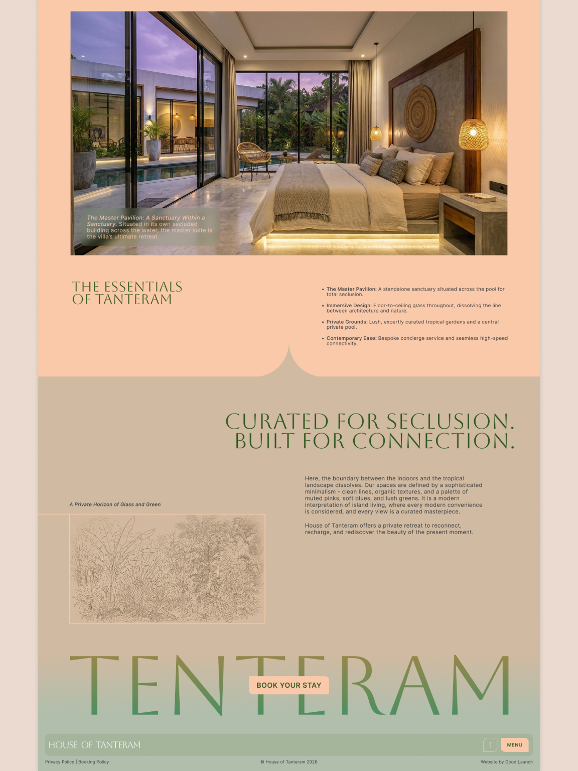 The lower section of the villa website featuring a cinematic image of the Master Pavilion, key property features, and a tasteful minimalist footer with oversized ‘Tanteram’ typography and a clear CTA.