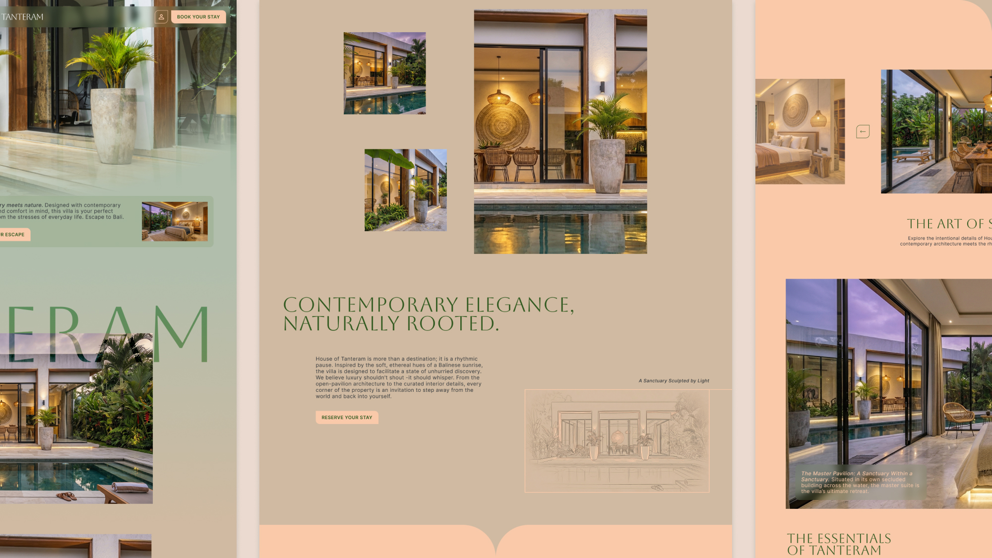 A landscape composition of three luxury website mockups showcasing high-resolution villa imagery, elegant serif typography, custom brand illustrations, and unique asymmetrical button designs.