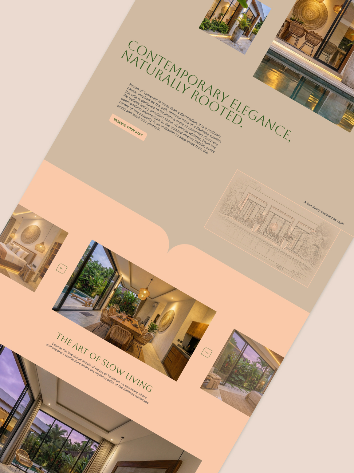 The central section of the luxury web design featuring an interactive image slider, refined serif headings, brand illustrations, and unique buttons with two rounded and two squared corners.