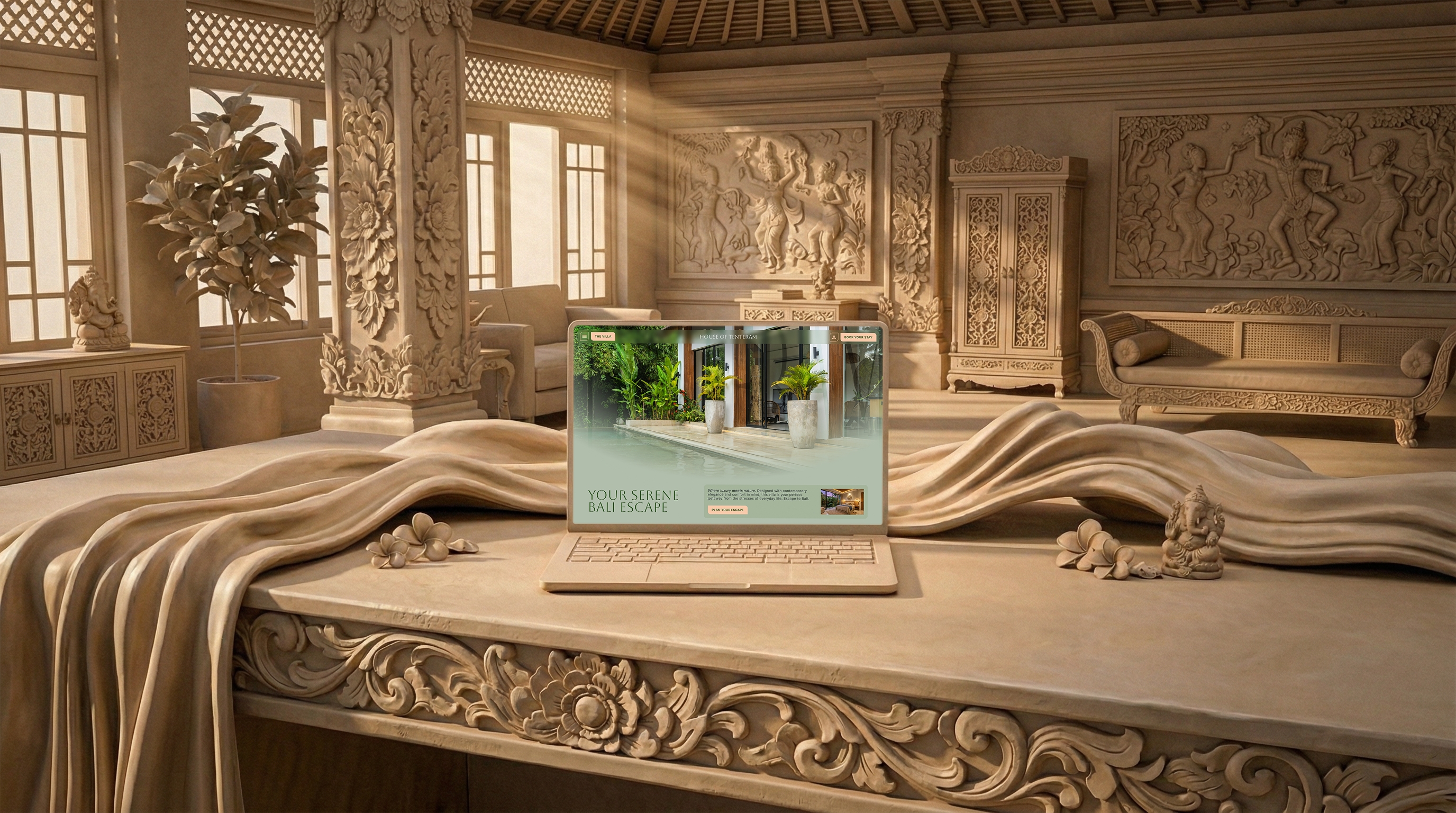 An artistic web design mockup of the House of Tenteram homepage hero section displayed on a laptop, set within a custom matte plaster bas-relief desk scene for the Good Launch studio portfolio.