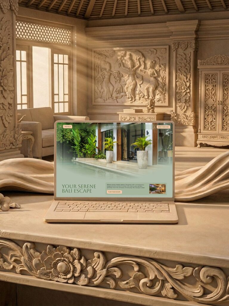 A 3:4 portrait ratio mockup of the House of Tenteram homepage, set in a tactile matte plaster bas-relief scene for work archive page.