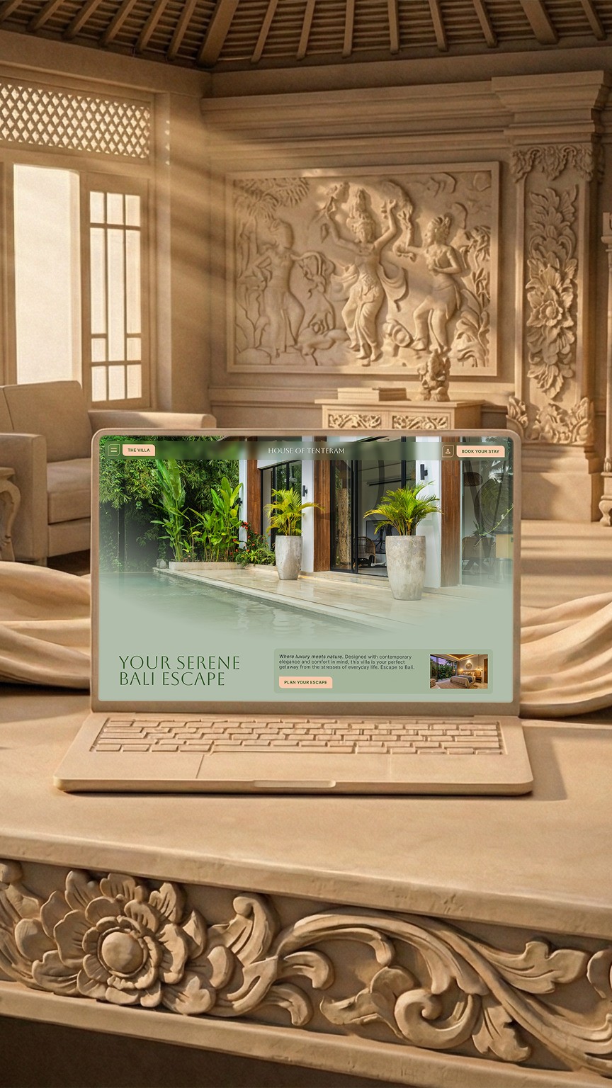 A vertical 9:16 mobile-first mockup showing the House of Tenteram luxury web design within a minimalist plaster bas-relief setting, optimized for social media stories.