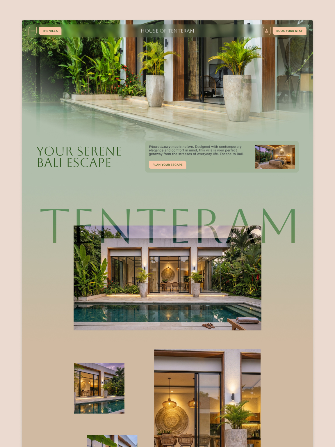Top of the House of Tenteram homepage featuring a high-resolution closeup of the villa exterior and private pool, with a translucent glassmorphism header and an asymmetrical section transition.