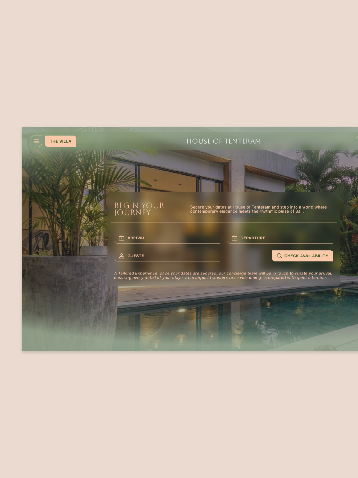 UI design mockup of the House of Tenteram reservation page, demonstrating a clean layout, refined typography, glassmorphism elements, and the signature asymmetrical button style for a premium user experience.