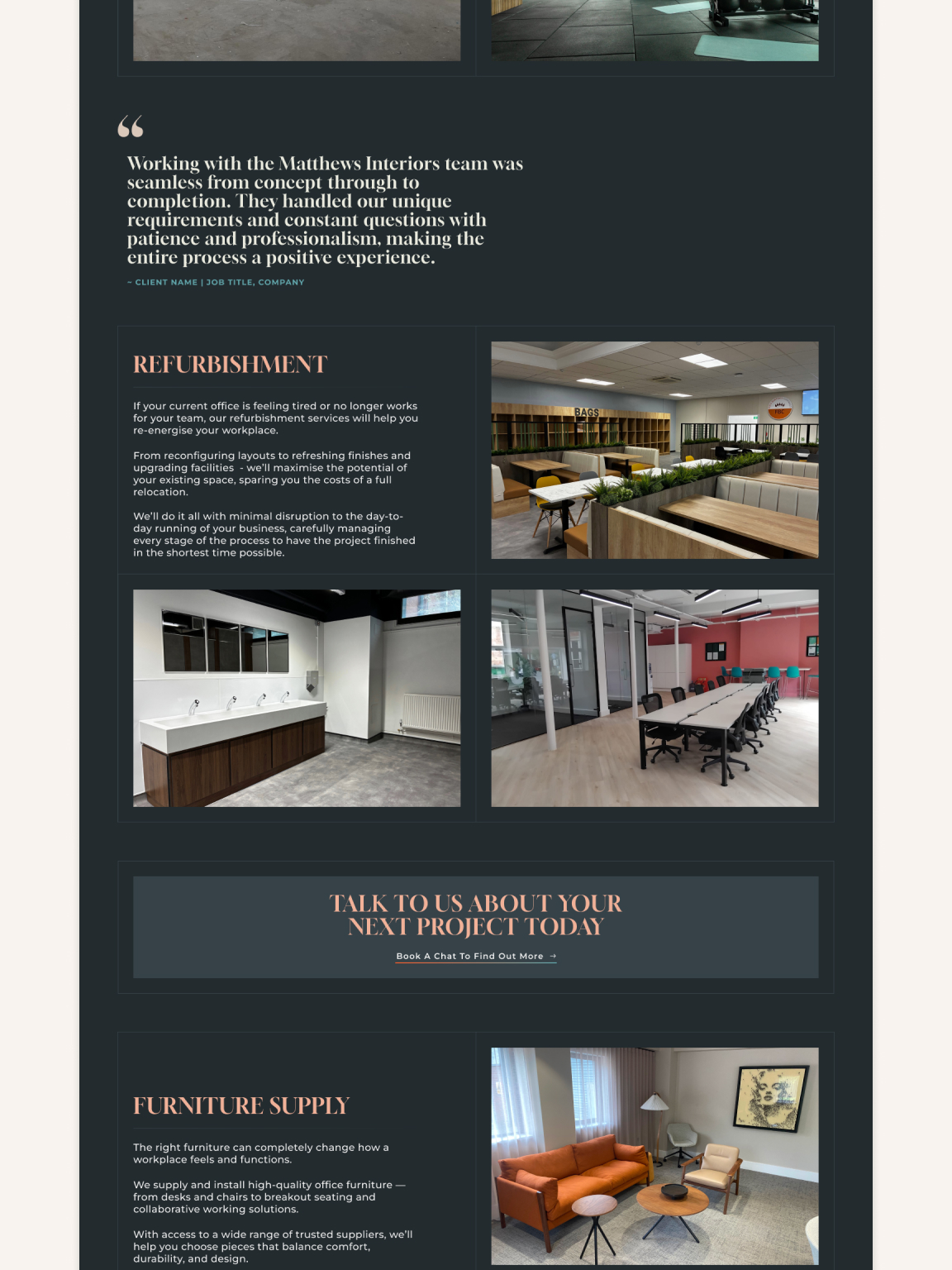 A full view of the Matthews Interiors services page designed by Good Launch, presented in a structured smart grid format. The layout features dedicated sections for commercial interior design and fit-out services, high-quality representative imagery, and strategically placed testimonials for social proof, concluding with a prominent call-to-action banner.