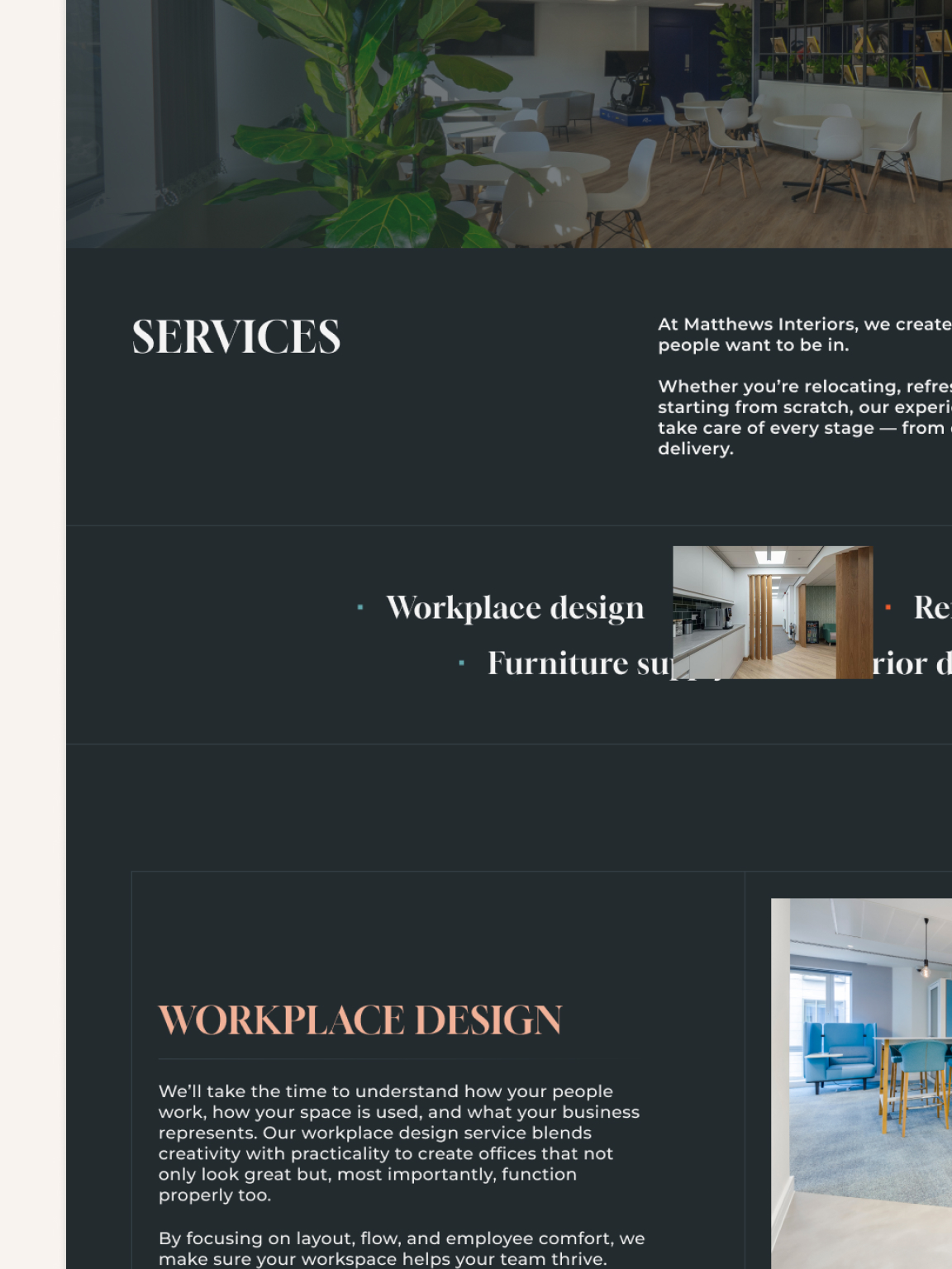 An interactive showcase of the Matthews Interiors services section, designed by Good Launch on Webflow. The image demonstrates a custom 'hover-to-reveal' animation where a high-resolution project image appears as the user selects a service title, creating a tactile and discovery-led experience.