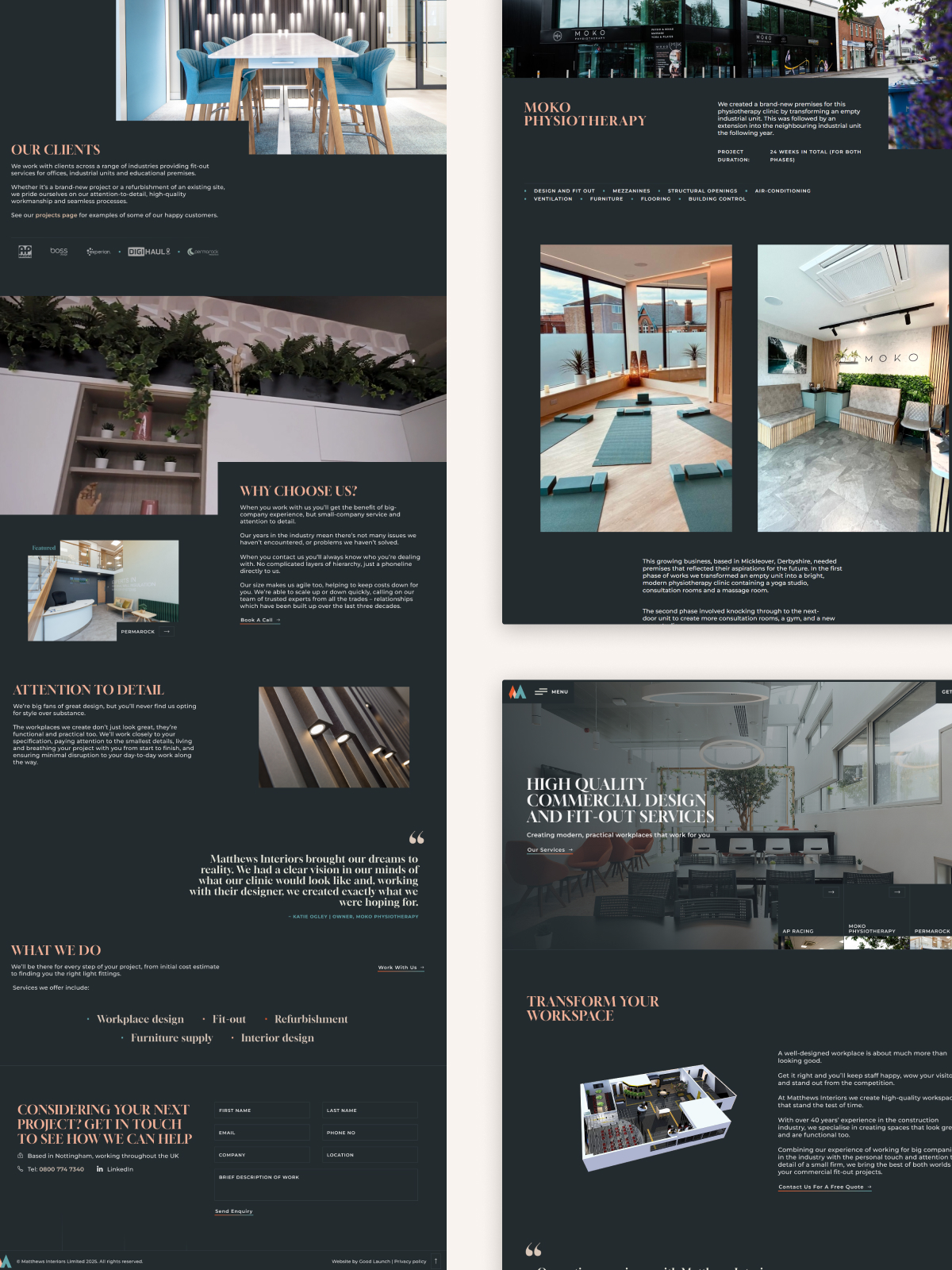 A collection of website screenshots for Matthews Interiors designed by Good Launch, showcasing the homepage and a specific leisure and gym transformation project. The design highlights the transition from initial commercial design to the finished fit-out, using high-impact imagery and a dark, premium aesthetic to substantiate their expertise in the leisure sector.