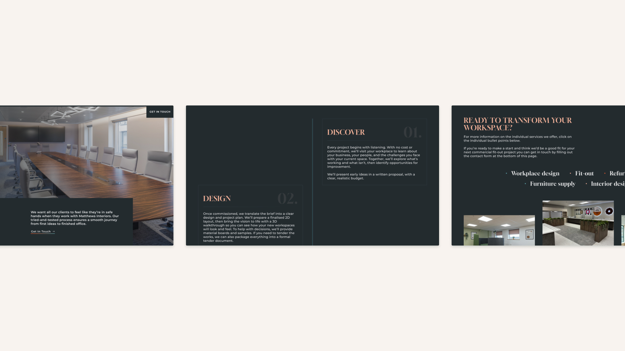 A close-up view of the Matthews Interiors process page designed by Good Launch on Webflow. The image highlights a custom-engineered scroll-progress bar that changes color and fills as the user scrolls, visually representing the project journey from initial commercial design concepts to final on-site fit-out.