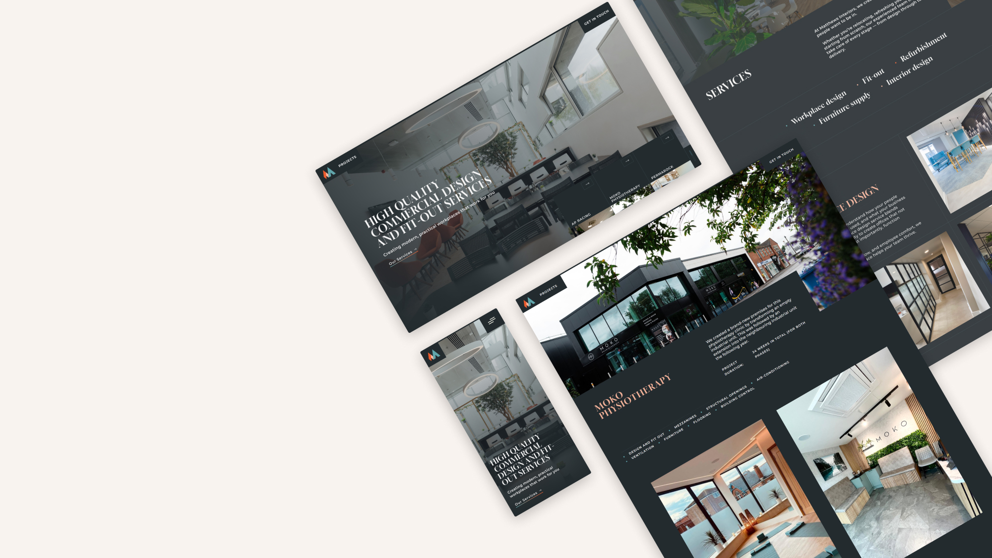 A comprehensive showcase of the Matthews Interiors website designed by Good Launch, featuring the desktop and mobile hero sections, a detailed project case study with integrated testimonials, and a view of the services page. The layout emphasizes large-scale imagery and a dark, premium palette, substantiating their commercial interior design and fit-out expertise.
