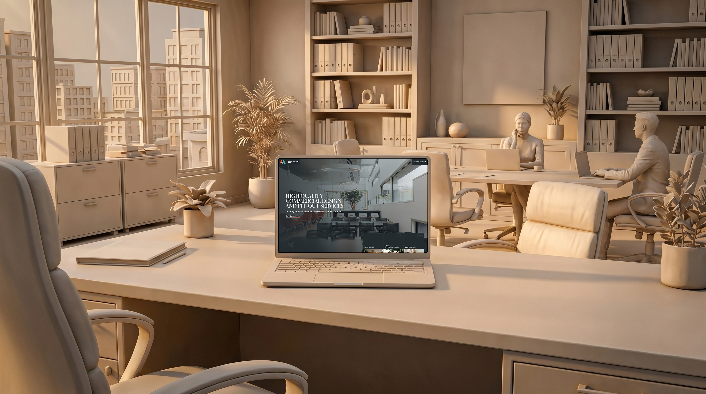 A desktop view of the Matthews Interiors homepage hero section, featuring a dark premium palette, refined serif typography, and large-scale imagery. The design showcases commercial interior design and fit-out projects with an intuitive layout and a 'new name, veteran soul' aesthetic.