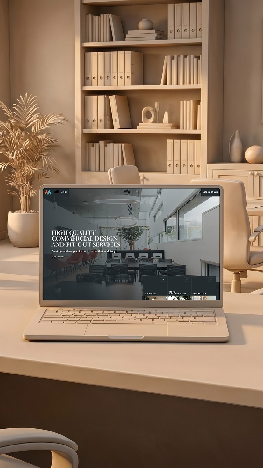 A 9:16 portrait-cropped view of the Matthews Interiors desktop homepage hero. This vertical frame highlights the refined serif typography and large-scale imagery against a dark, premium palette, showcasing the design's 'quiet confidence' in a mobile-optimized format by Good Launch.