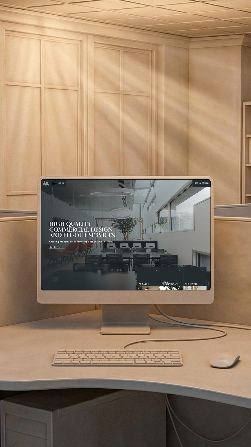A 9:16 portrait-cropped view of the Matthews Interiors desktop homepage hero. This vertical frame highlights the refined serif typography and large-scale imagery against a dark, premium palette, showcasing the design's 'quiet confidence' in a mobile-optimized format by Good Launch.