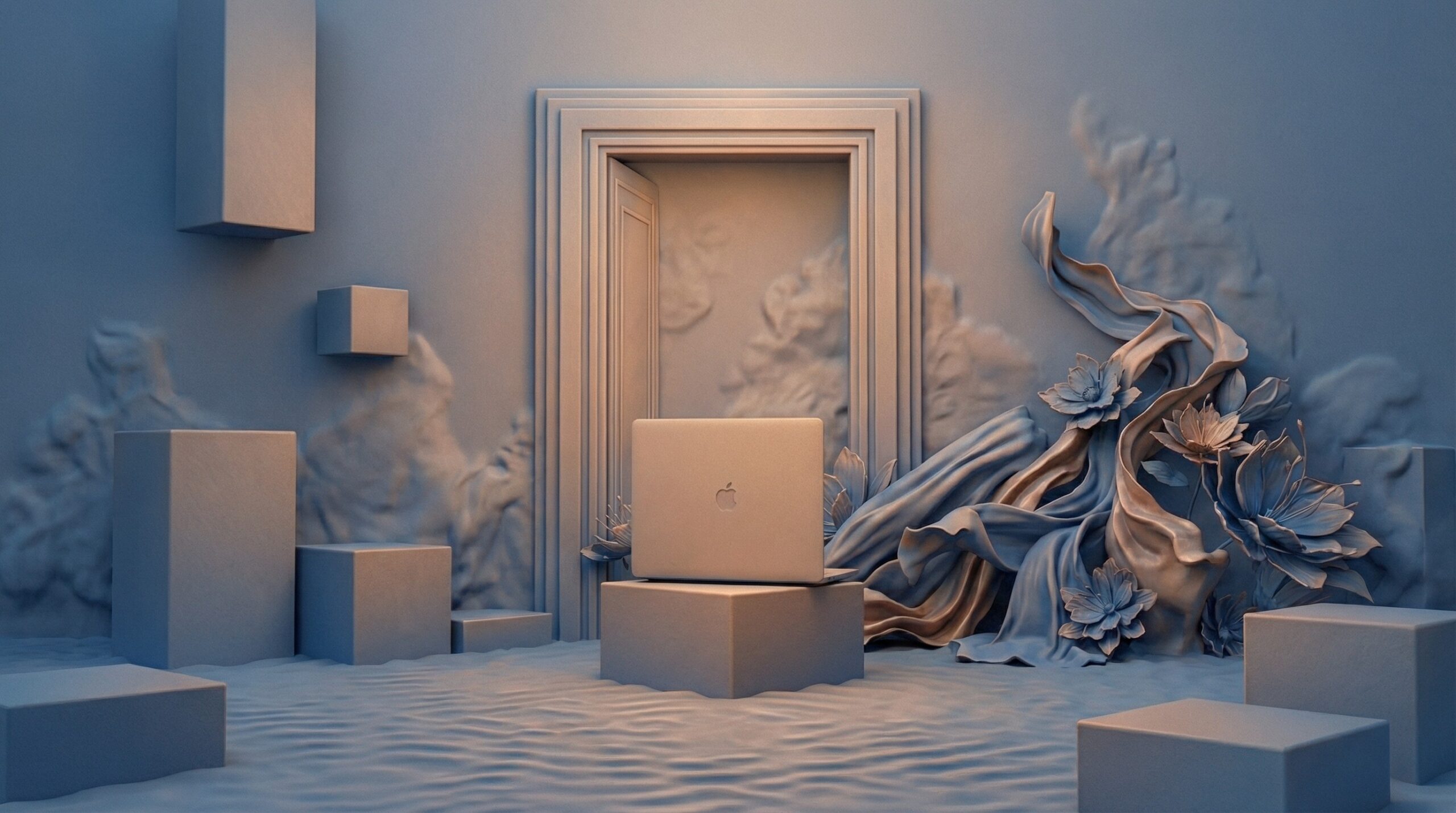 Decorative plaster relief mural of a laptop and architectural elements, representing the design and development aesthetic of Good Launch studio.